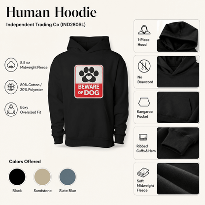 Black hoodie with 'Beware of Dog' graphic on a white background