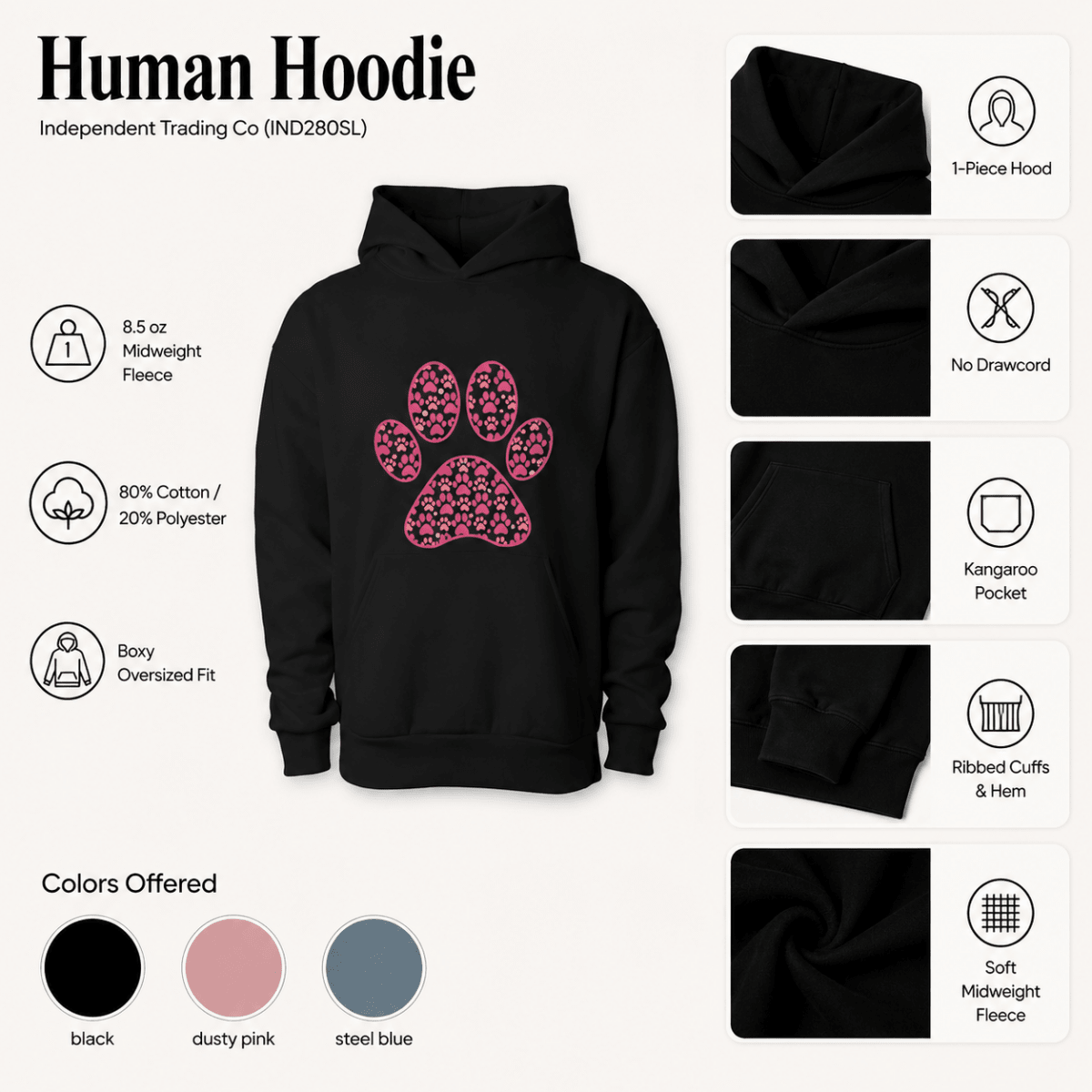 Pink Paw Graphic and Pattern Pet and Human Hoodie Set - FluffnCoblackxsSmatchingset