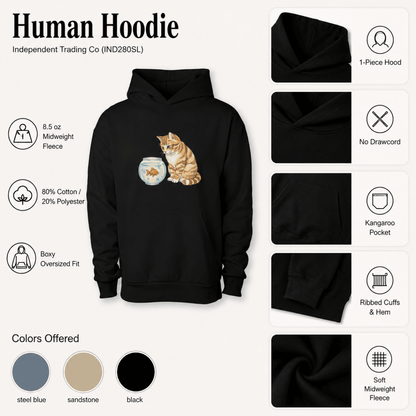 Black hoodie with a cat and fishbowl design on a white background