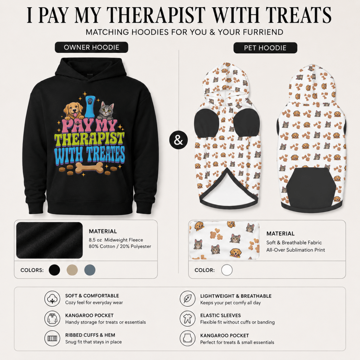 I Pay My Therapist With Treats Matching Pet and Owner Hoodie Set - FluffnCoBluexsScats