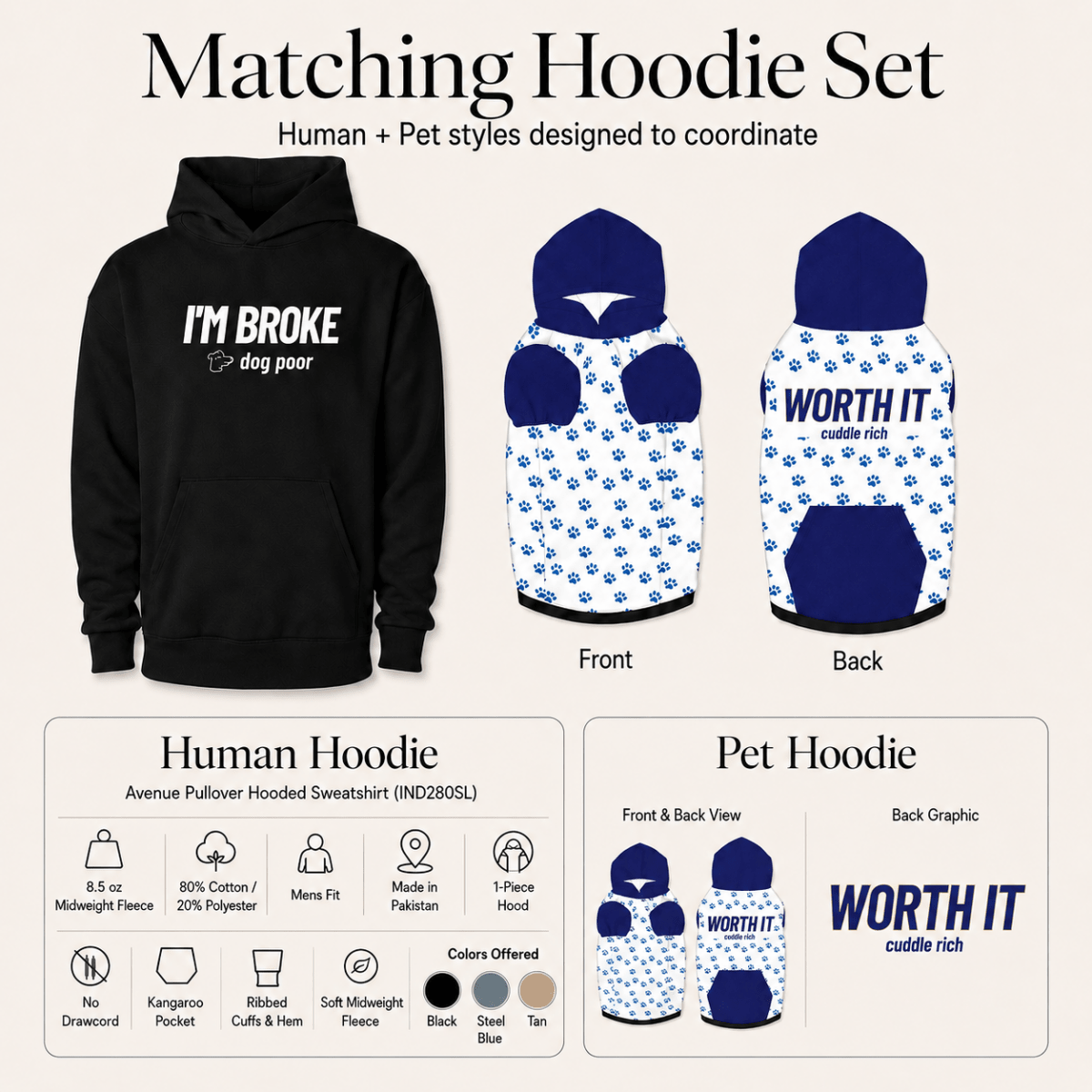 I'm Broke, Dog Poor Matching Dog & Owner Hoodie Set | FluffnCo - FluffnCoBlue MagicxsS