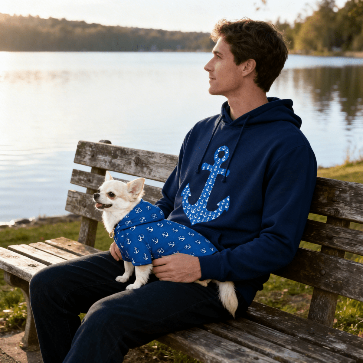 Man sitting on a bench by a lake with a small dog in his lap, both wearing blue outfits.