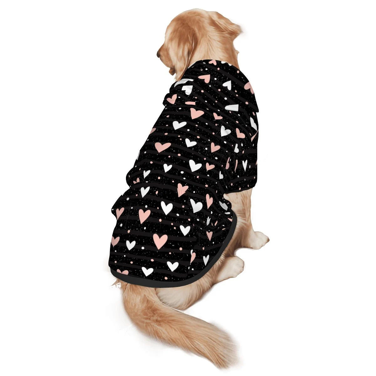 Dog wearing Pink and White Hearts Pet Hoodie Side View