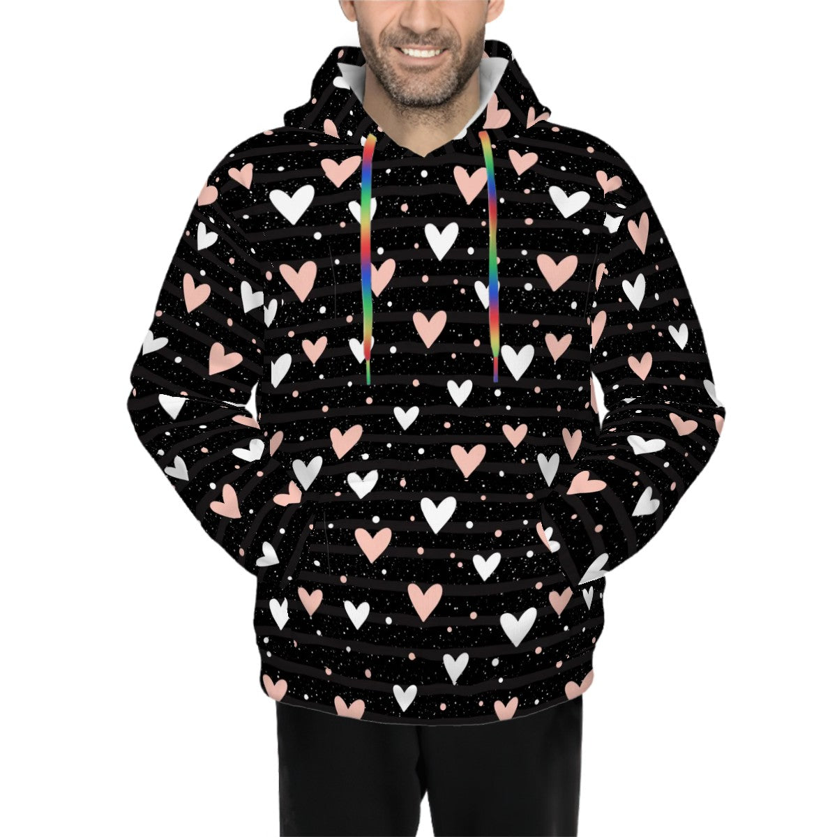 Human wearing Pink and White Hearts Pet and Owner Set Front View