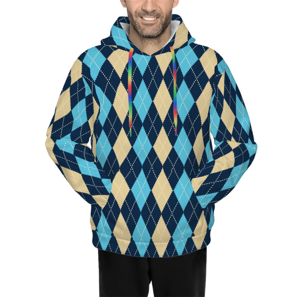 Human wearing Blue and Yellow Argyle Pet and Owner Set Front View