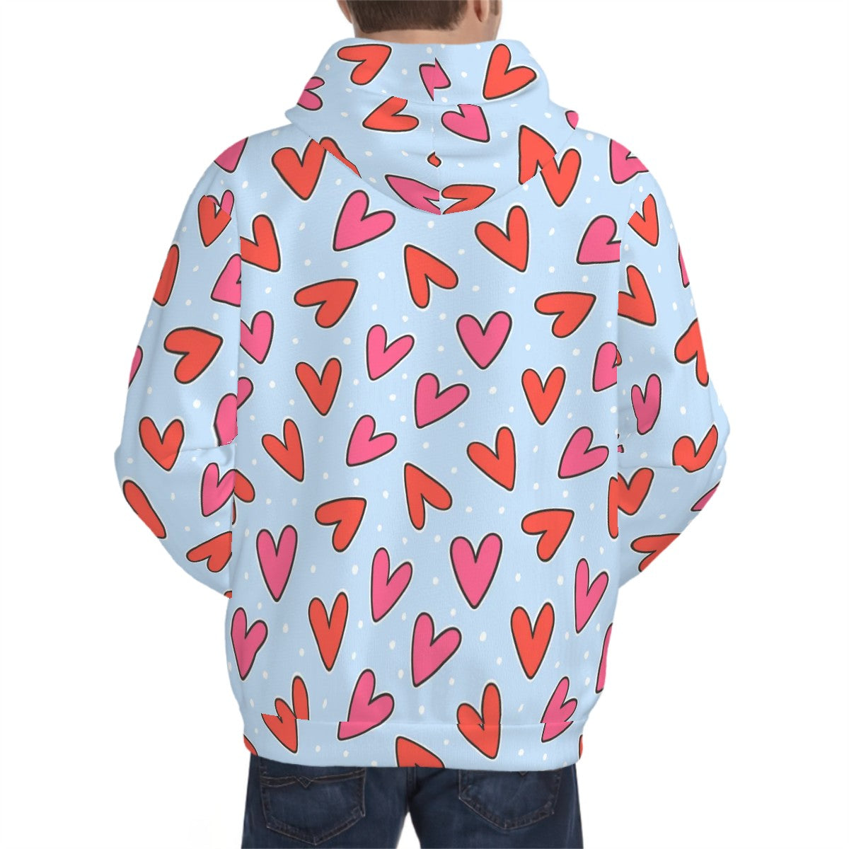 {{pet_type}} wearing Red Hearts on Light Blue Matching Pet & Owner Hoodie Set pet hoodie