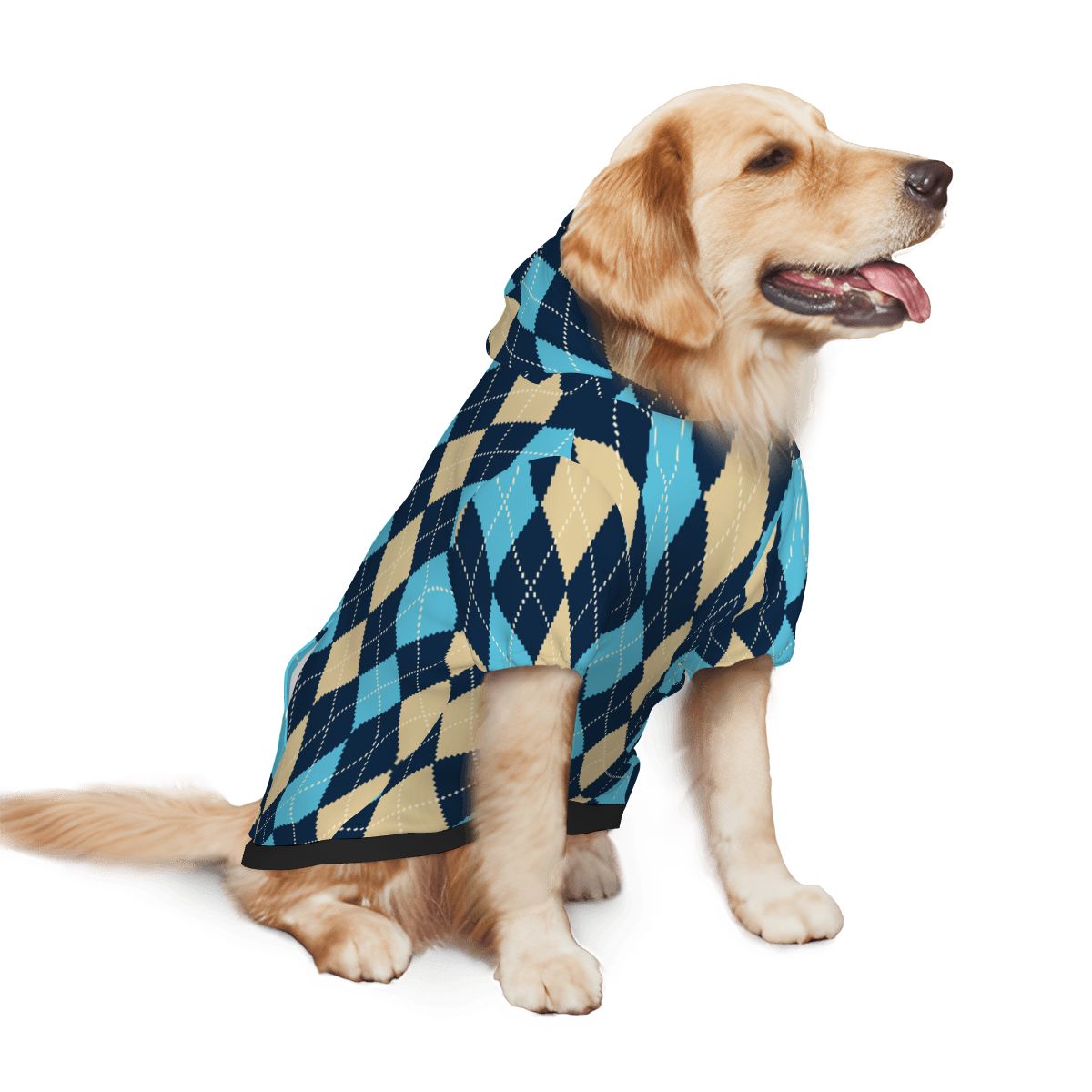 Dog wearing  Blue and Yellow Argyle Pet Hoodie Side View 2