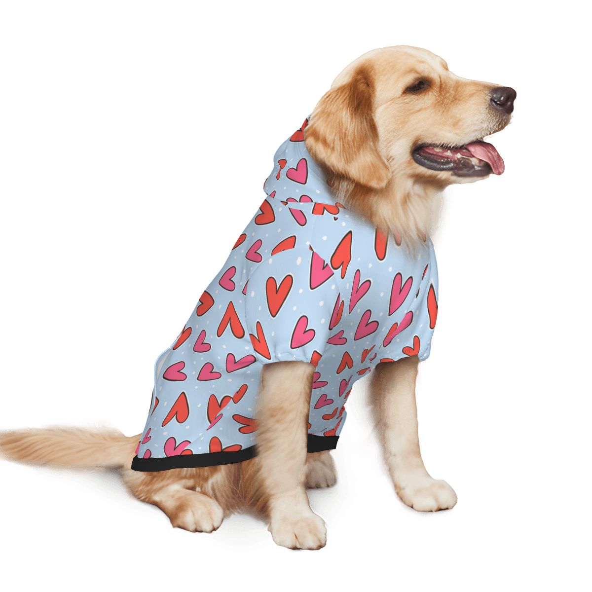 Dog wearing Red Hearts on Blue Pattern Pet Only Hoodie (Add-on) pet hoodie side view