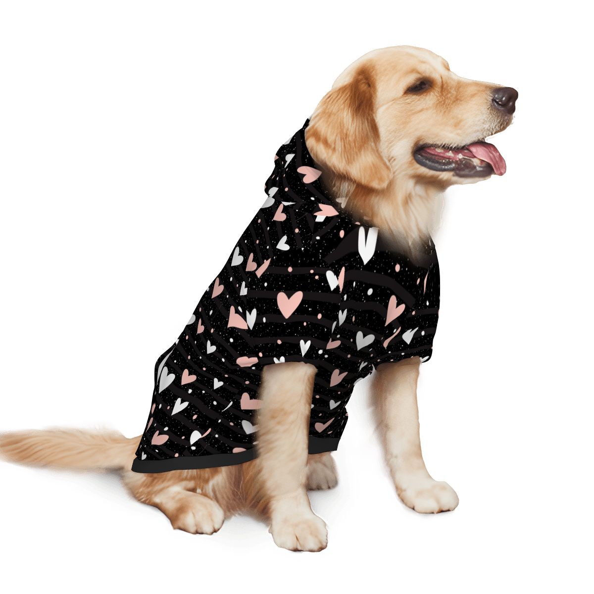 Dog wearing Pink and White Hearts Pet Hoodie Side View 2