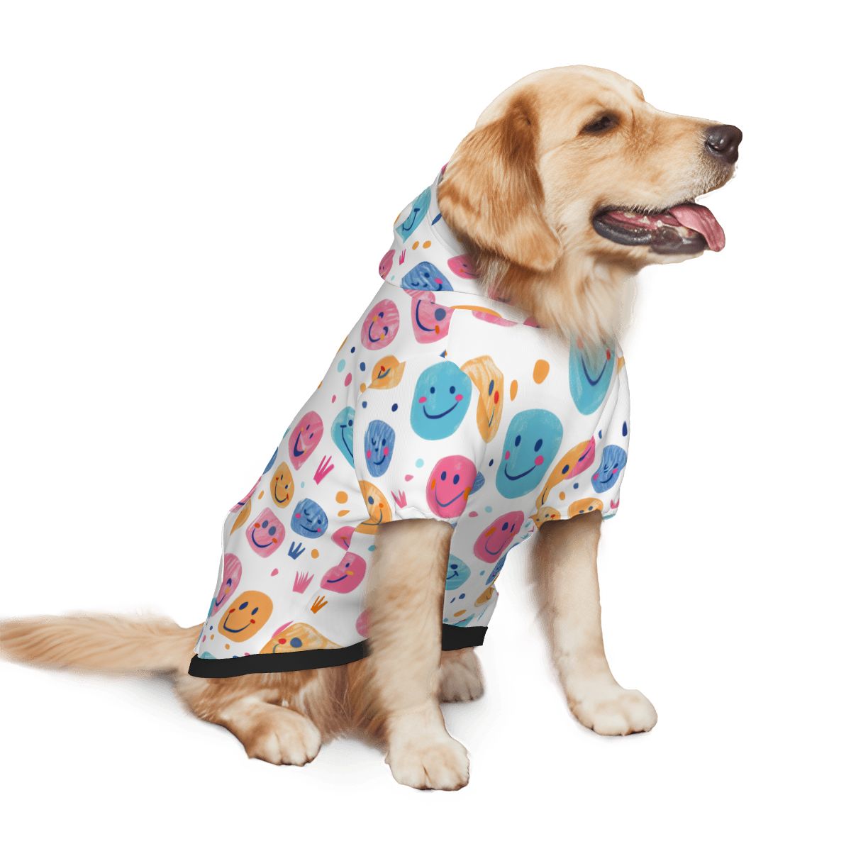 Dog wearing Colourful Smiley Face Pattern Pet Hoodie Side View