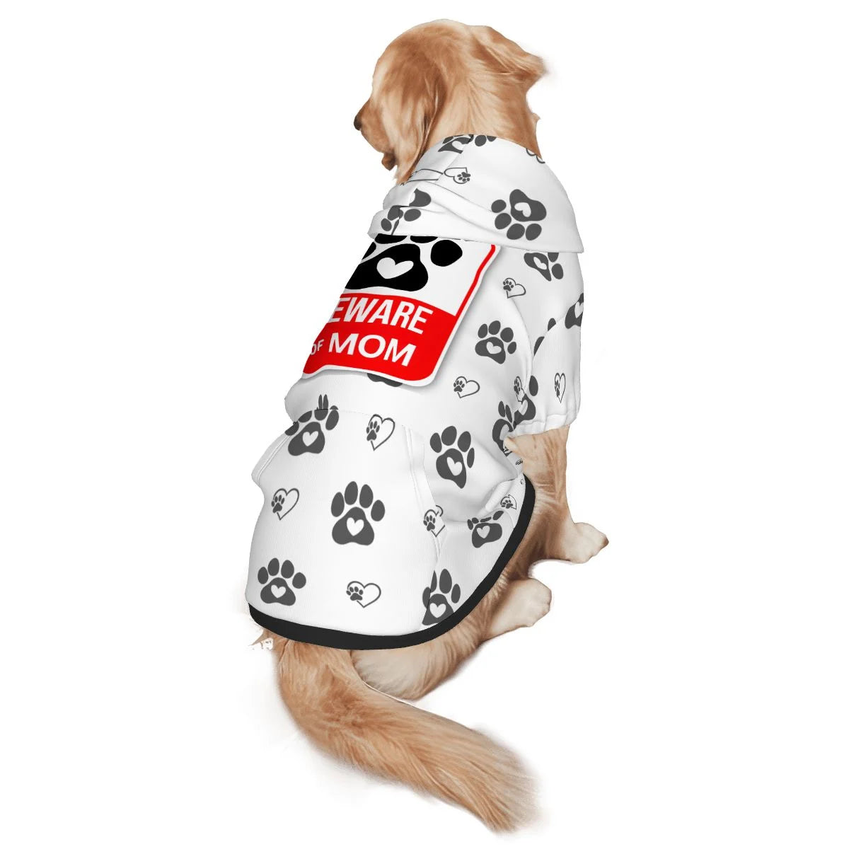 Dog wearing Beware of Mom Back View