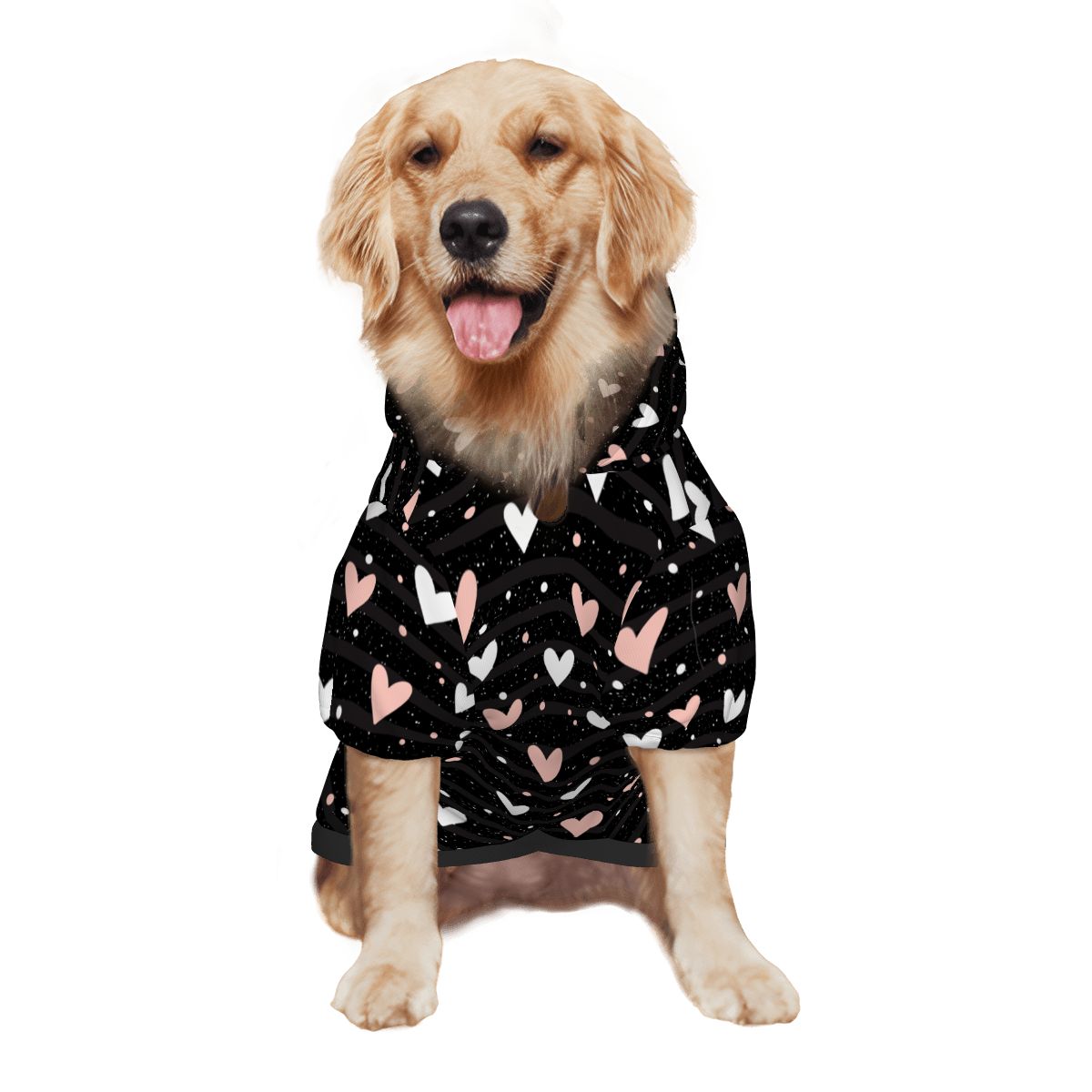 Dog wearing Pink and White Hearts Pet Hoodie Back View