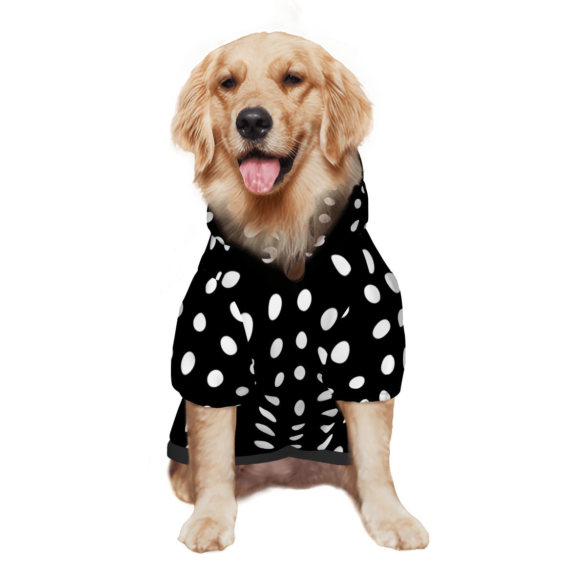 Dog wearing Black and White Polka Dot Pattern Pet Only Hoodie (Add-on) pet hoodie side view 2