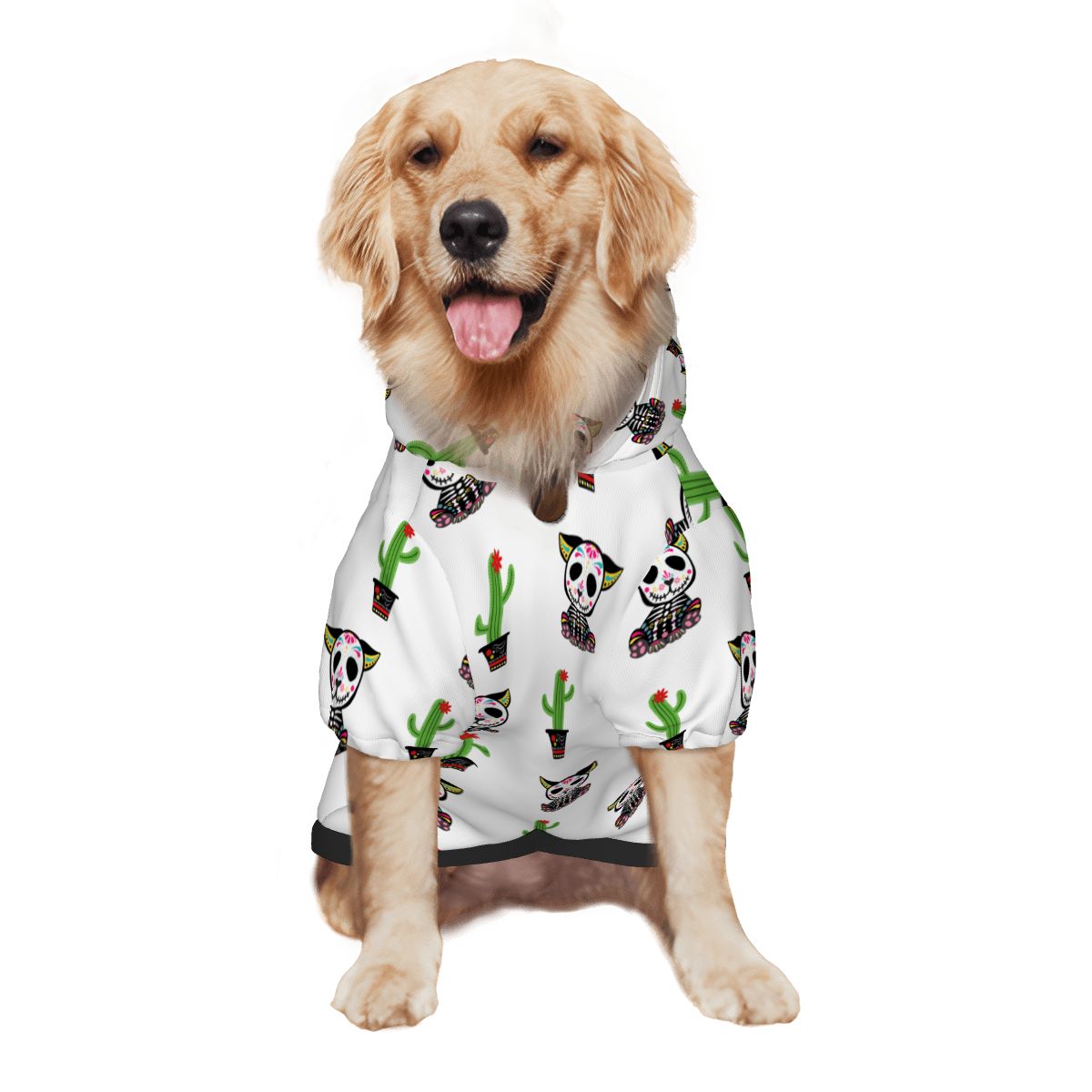 Dog wearing Day of the Dead Pet Hoodie Side View