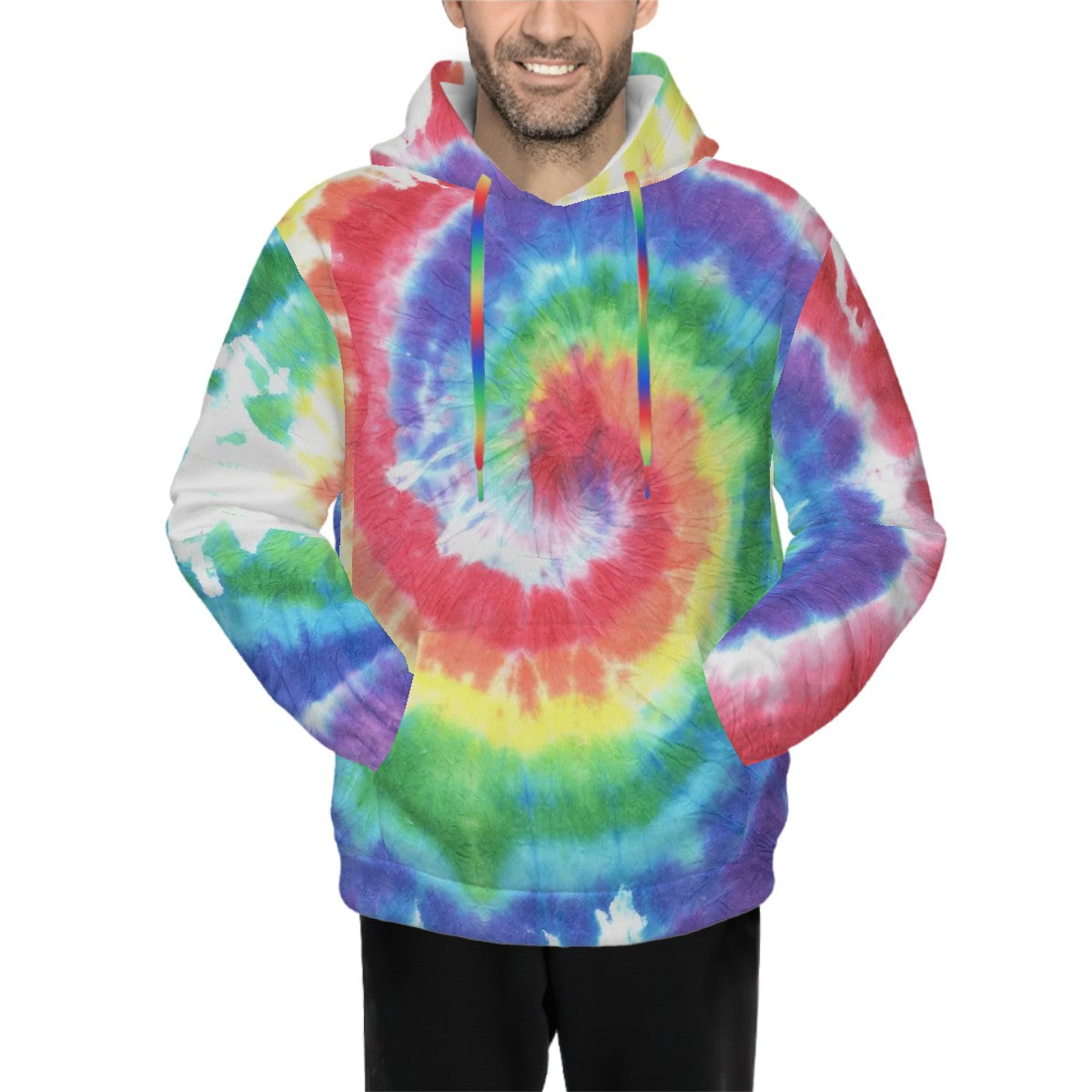 Human wearing Rainbow Tie Dye Pattern Pet and Owner Set Front View