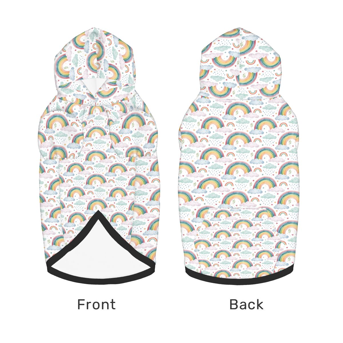 FluffnCo pet hoodie size chart for dogs and cats, showing chest, back, weight, and breed info.