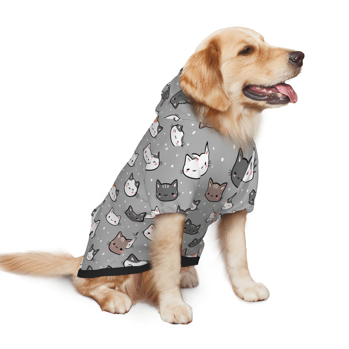 Dog wearing Cat Faces Pet Hoodie Side View