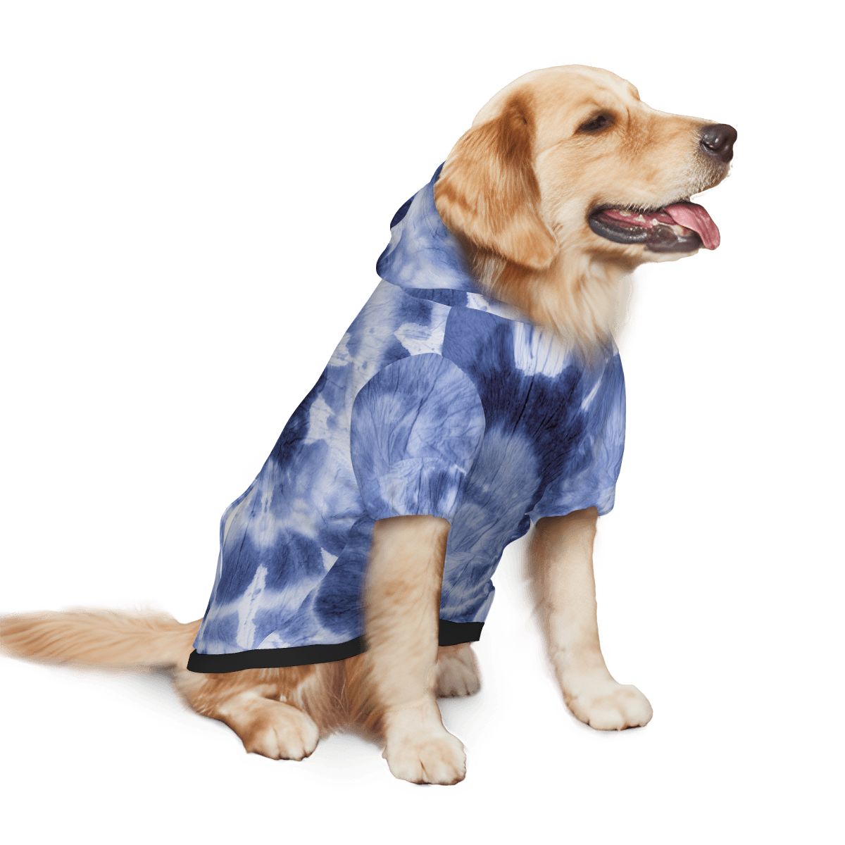 Dog wearing Blue Tye Die Pet Hoodie Side View