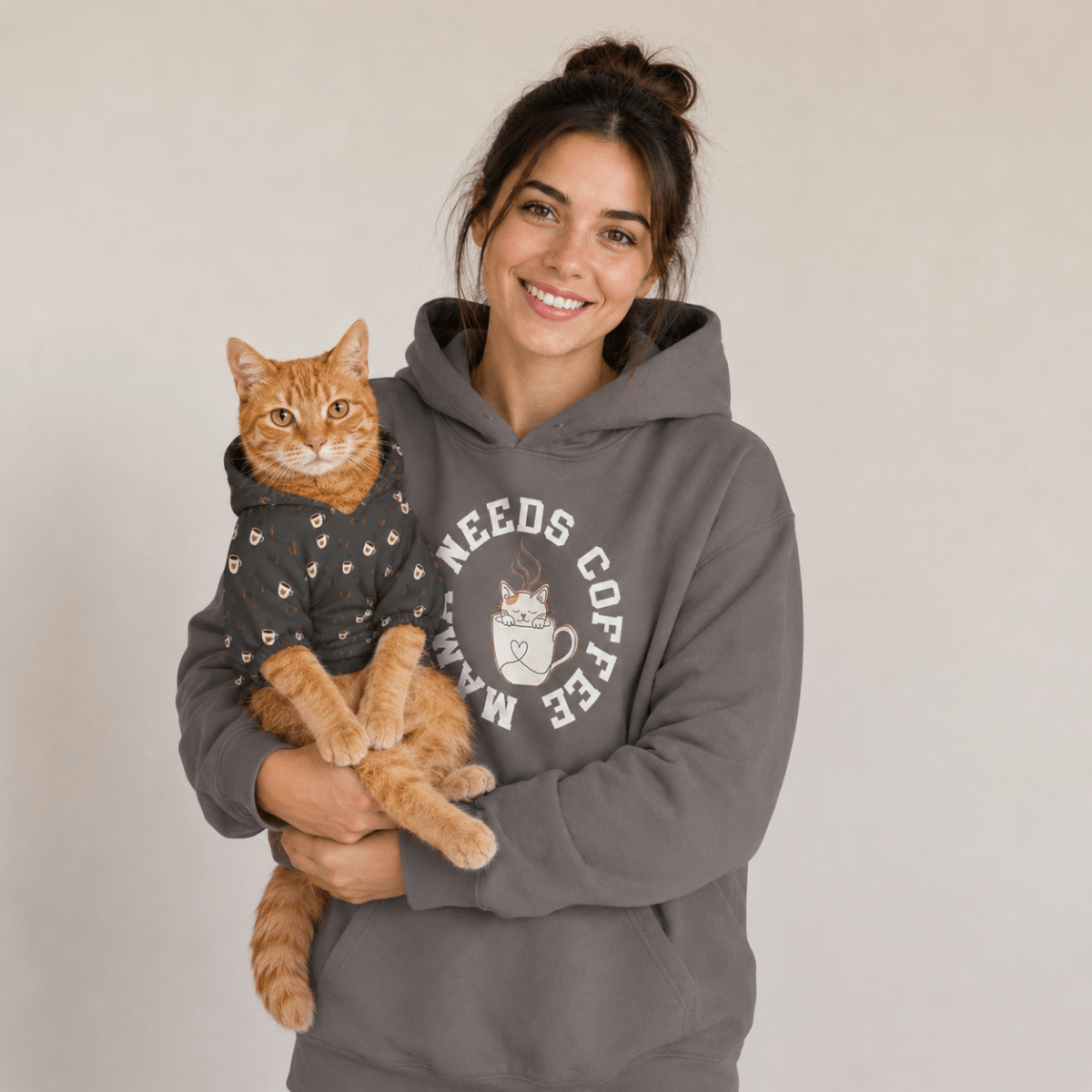 Mama Needs Coffee Cat and Owner Hoodie Set - FluffnCoPigment BlackxsS