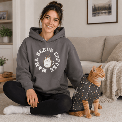 Mama Needs Coffee Cat and Owner Hoodie Set - FluffnCoPigment BlackxsS