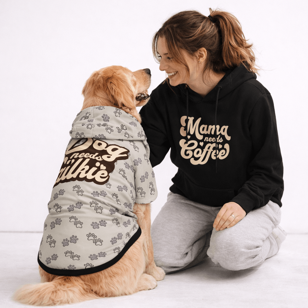 Mama Needs Coffee & Dog Need Walkie Pet and Human Hoodie Set - FluffnCoblackxsSmatchingset