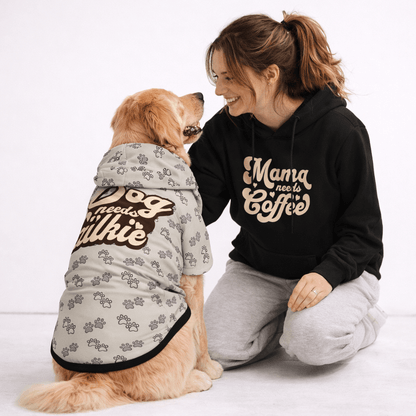 Mama Needs Coffee & Dog Need Walkie Pet and Human Hoodie Set - FluffnCoblackxsSmatchingset