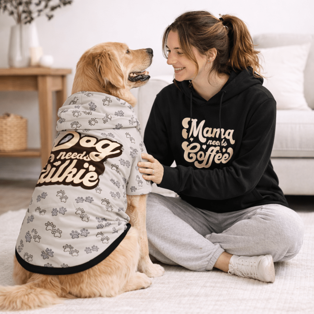 Mama Needs Coffee & Dog Need Walkie Pet and Human Hoodie Set - FluffnCoblackxsSmatchingset