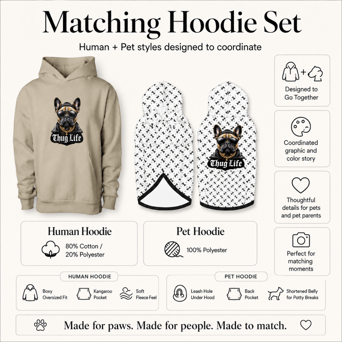 Thug Life French Bulldog Pet & Human Hoodie Set - FluffnCoSandstonexsSmatchingset