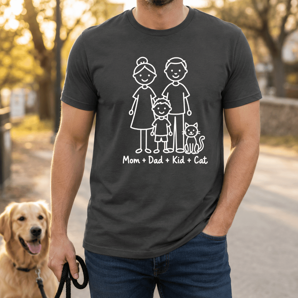Mom + Dad + Kid + Cat Family T Shirt - FluffnCoAthletic Heatherxs