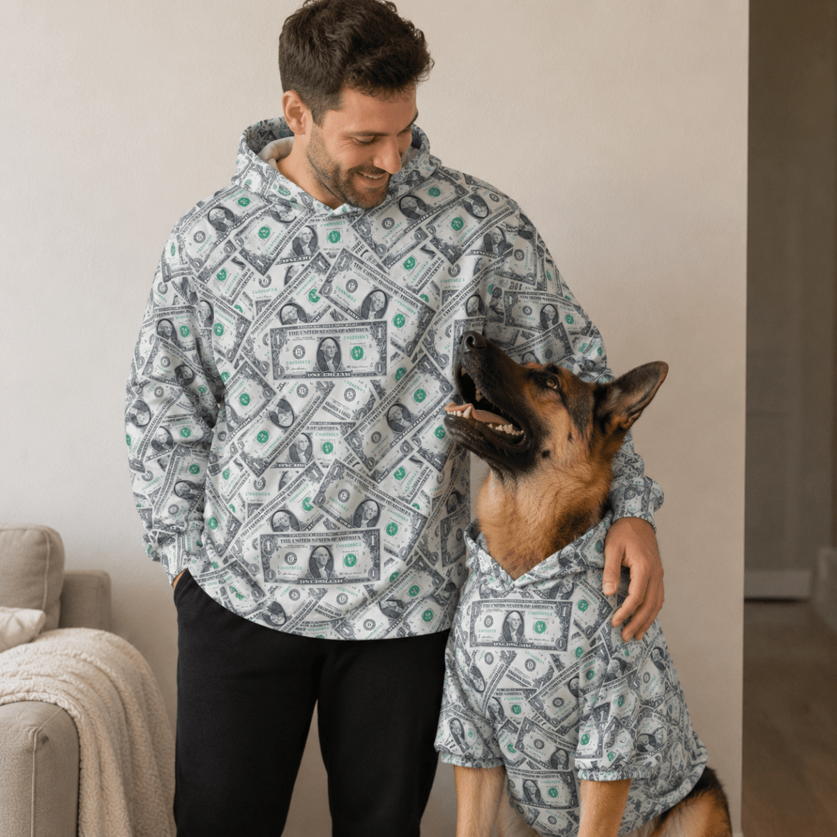 Money Print All Over Design Pet and Human Hoodie Set - FluffnCoSSAOPmatching