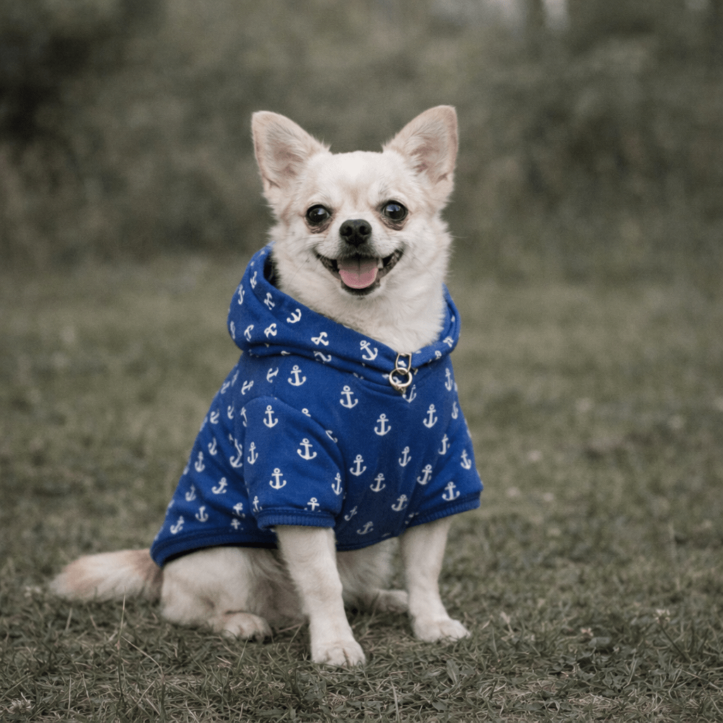 Small dog wearing a blue coat with anchor pattern sitting on grass