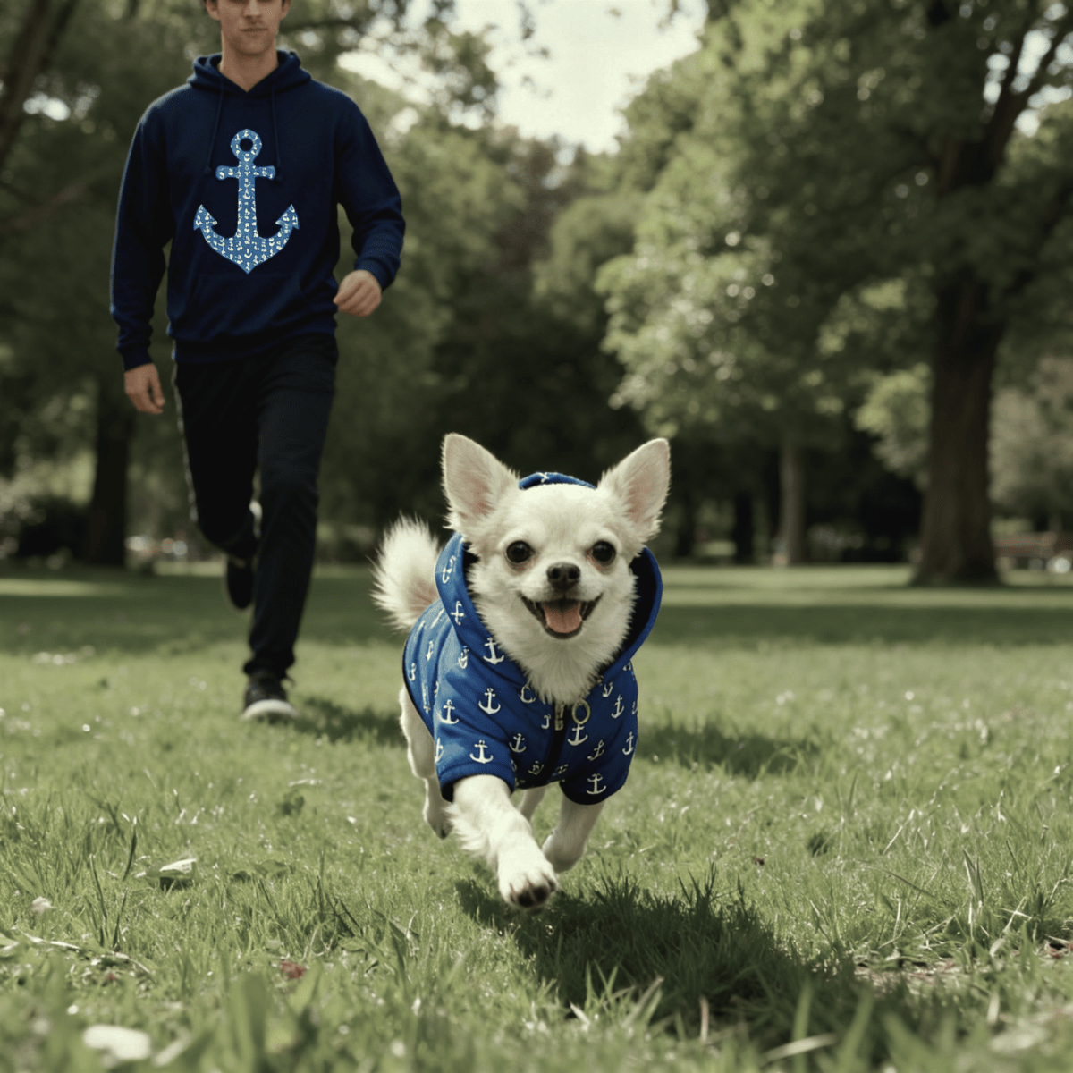 Dog in a blue hoodie running in a park with a person in the background