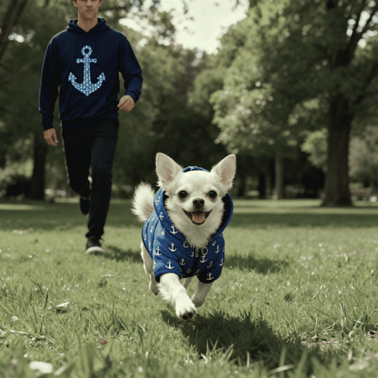 Dog in a blue hoodie running in a park with a person in the background