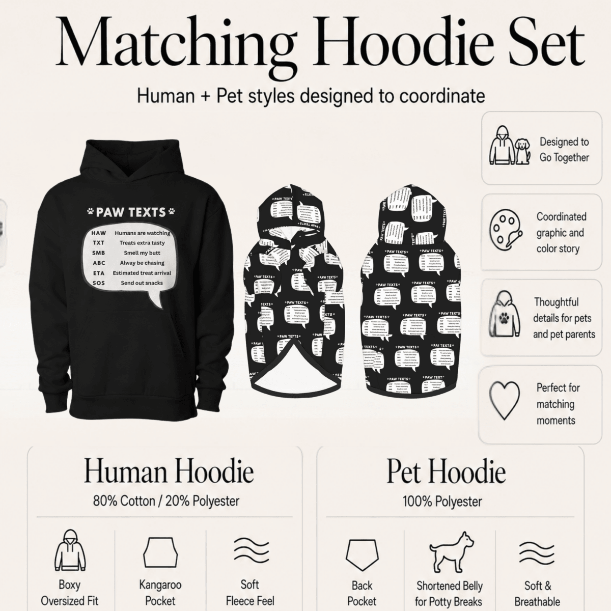 Paw Text Pet and Human Matching Hoodie Set - FluffnCoSBlackxs