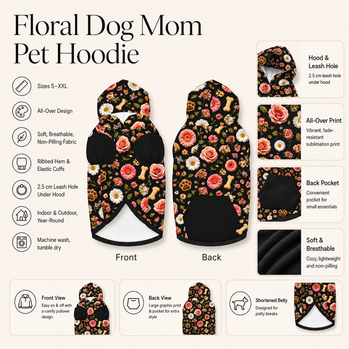 Floral Dog Mom Pet and Human Hoodie Set - Pet hoodie features and details