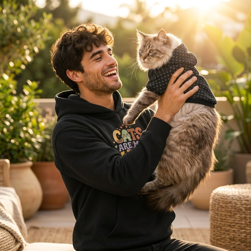 Man holding a cat wearing a sweater outdoors with greenery in the background