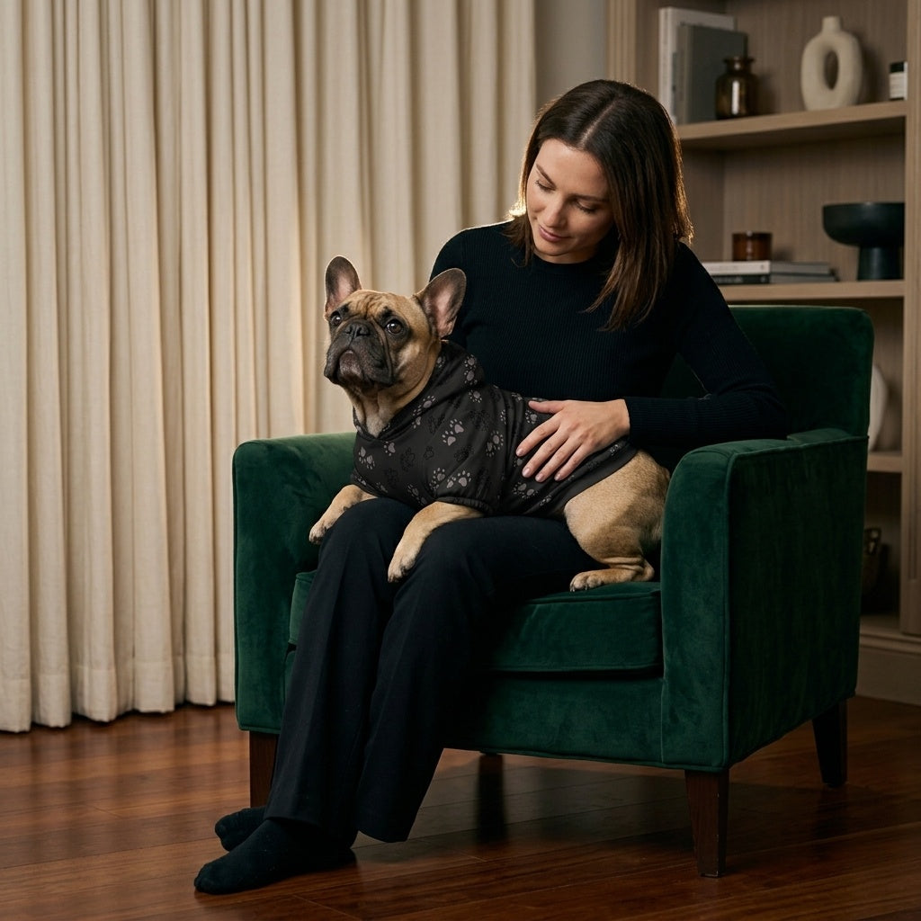 Woman sitting on a green armchair with a dog wearing a black jacket in a living room setting.
