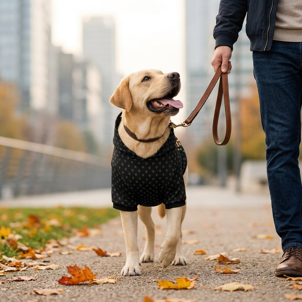 Dog in a Black coat being walked on a leash by a person in an urban setting with trees and buildings in the background.