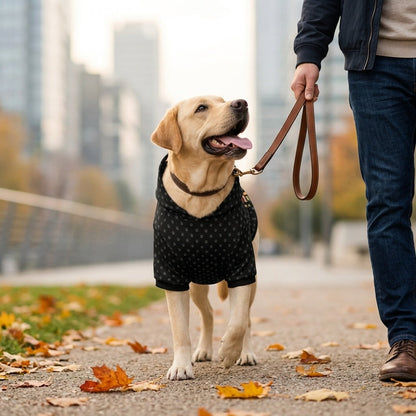 Dog in a Black coat being walked on a leash by a person in an urban setting with trees and buildings in the background.