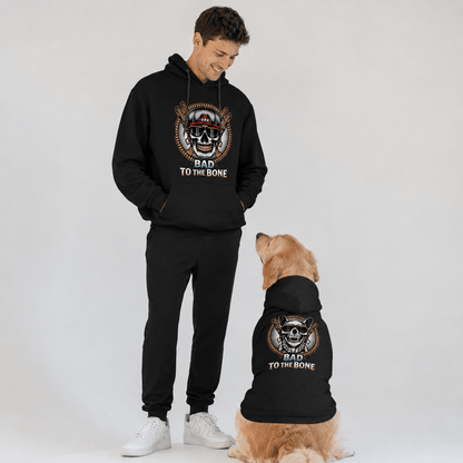 Bad to the Bone Pet and Human Hoodie Set - Human and dog standing