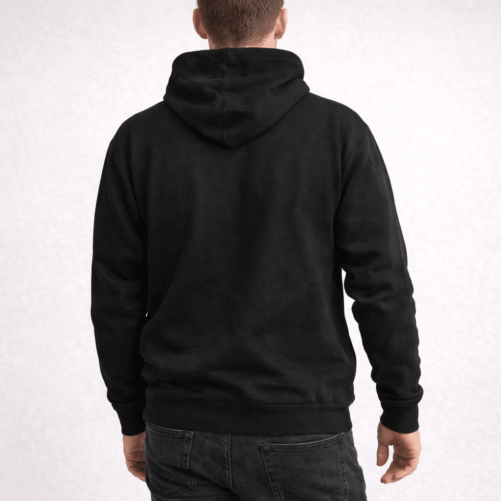 Person wearing a black hoodie from behind on a white background