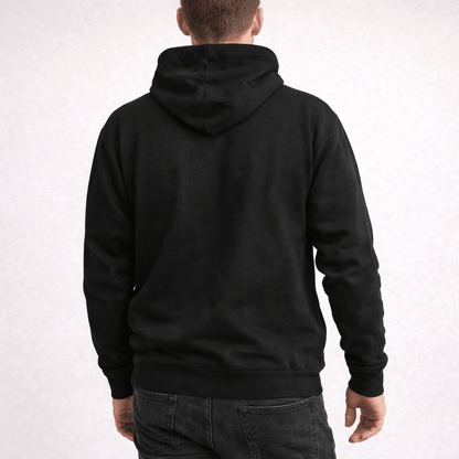 Person wearing a black hoodie from behind on a white background