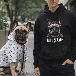man and dog wearing similar hoodies Thug Life frenchie set