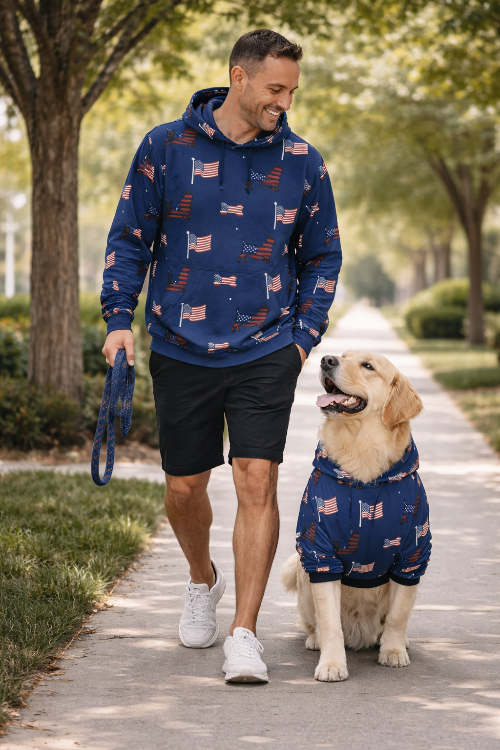 US Themed All Over Print Pet and Human Hoodie Set -Man and dog walking