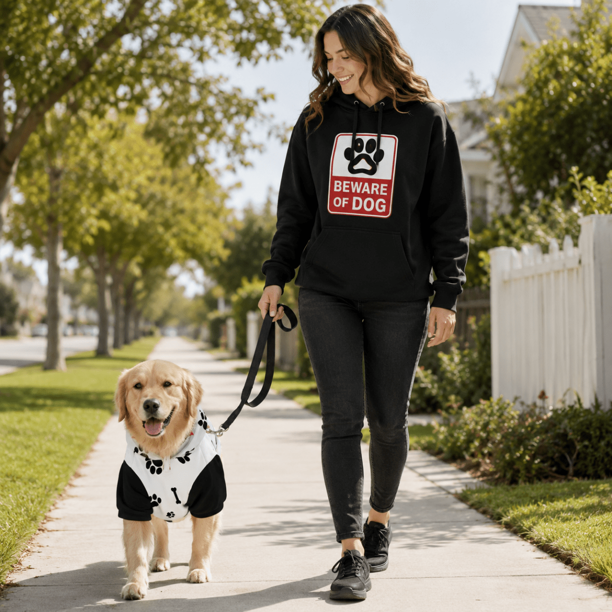 Woman walking a dog on a leash in a residential area