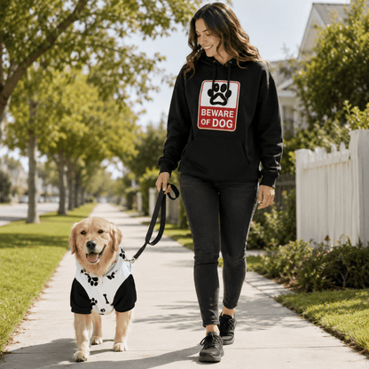 Woman walking a dog on a leash in a residential area