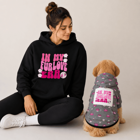 In My Fur Era & Food Era Pet and Human Hoodie Set - Woman and dog sitting