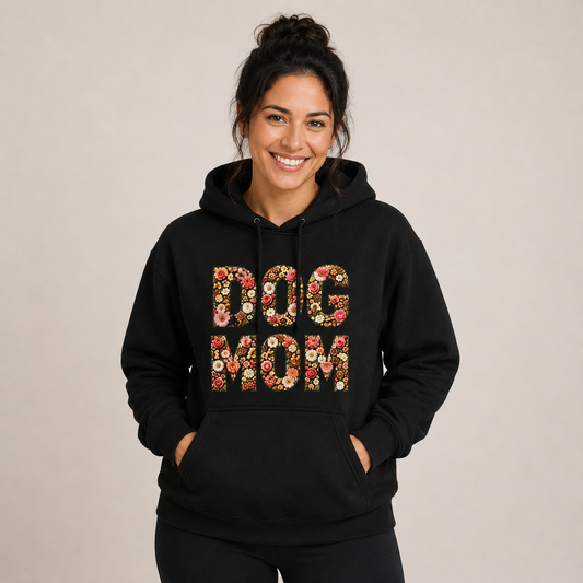 Woman wearing floral Dog Mom hoodie facing forward