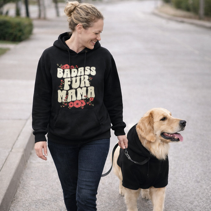 Badass Fur Mama & Fur Bay Pet and Human Hoodie Set -  Woman and Dog walking