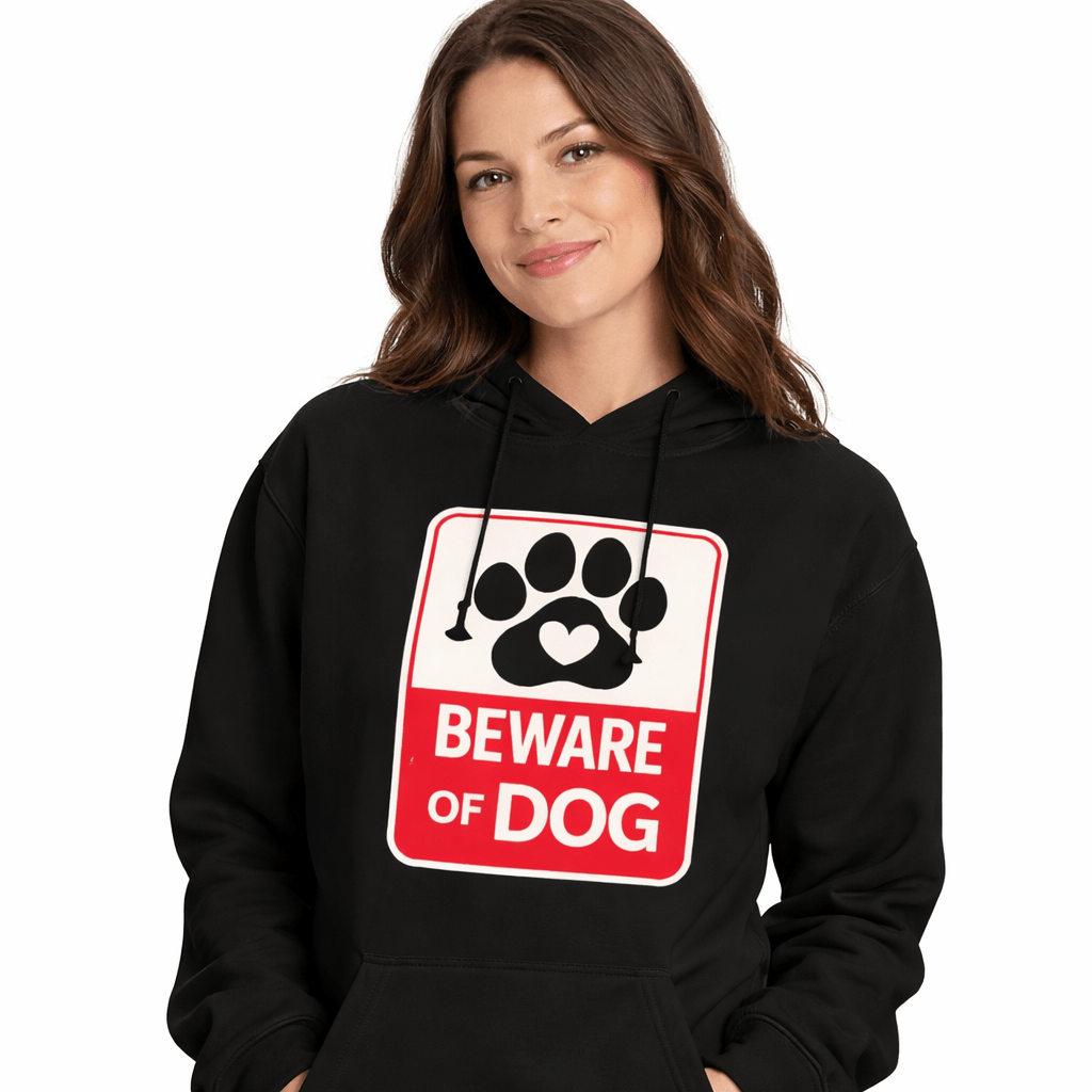 Person wearing a black hoodie with a 'Beware of Dog' graphic on a white background